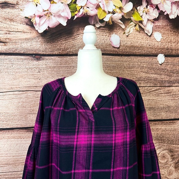 SOLD 🛍️ Woman Within Women’s Cotton Purple Plaid Balloon Sleeve Flared Blouse - Picture 4 of 8